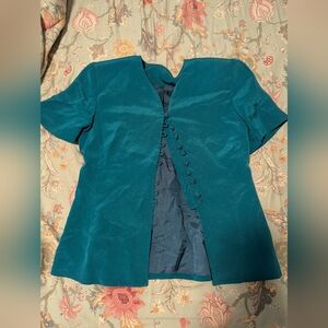 Vintage 100% Silk Teal Shoulder Padding Teal Medium Blouse Top Buttons